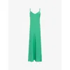 Allsaints Womens Spectra Green Bryony V-neck Bias-cut Recycled-polyester Midi Dress