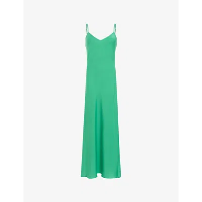 Allsaints Womens Spectra Green Bryony V-neck Bias-cut Recycled-polyester Midi Dress