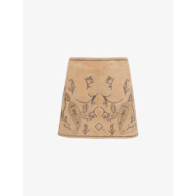 Allsaints Womens Tan Brown Shai Stud-embroidered High-rise Suede Mini Skirt
