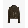 Allsaints Womens Tarmac Green Balfern Belted-waist Slim-fit Suede Biker Jacket