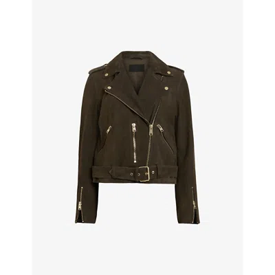 Allsaints Womens Tarmac Green Balfern Belted-waist Slim-fit Suede Biker Jacket In Green