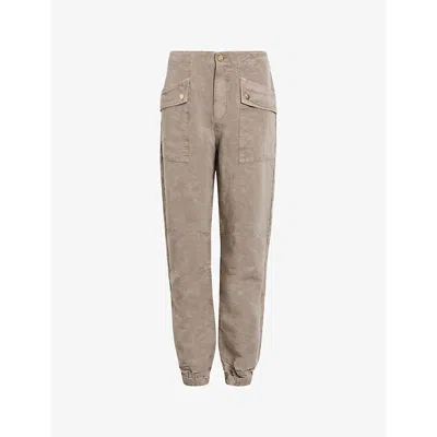 Allsaints Womens Taupe Brown Val Patch-pocket Tapered-leg Linen-blend Trousers