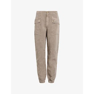 Allsaints Womens Taupe Brown Val Patch-pocket Tapered-leg Linen-blend Trousers In Taupe Brown