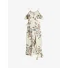 ALLSAINTS ALLSAINTS WOMEN'S TAUPE GREY ORION FLORAL-PRINT RUFFLE-TRIM RECYCLED-POLYESTER MIDI DRESS