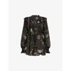 Allsaints Iryna Frill Printed Sheer Top In Unity Black