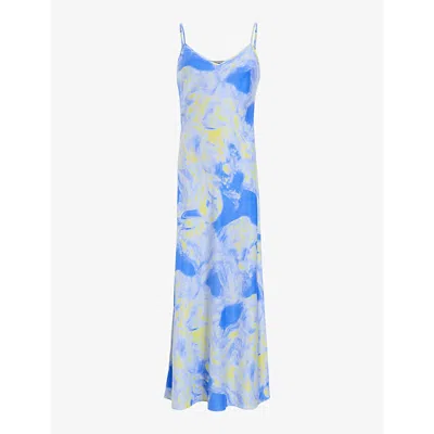 Allsaints Womens Violet Blue Bryony Graphic-print Woven Midi Slip Dress