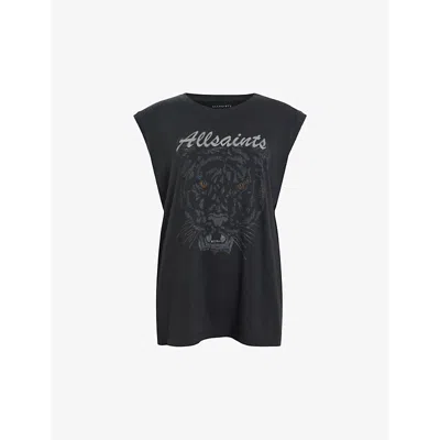 Allsaints Womens Washed Black Hunter Graphic-print Relaxed-fit Cotton Tank