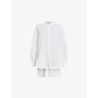 Allsaints Womens White Percey Pleated-back Relaxed-fit Stretch Recycled-polyester Shirt