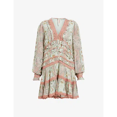 Allsaints Zora Ruffle Cascade Paisley Mini Dress In Green