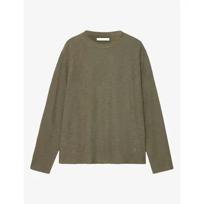 Allsaints Womens Abel Long-sleeve Cotton T-shirt Washed Khaki In Green