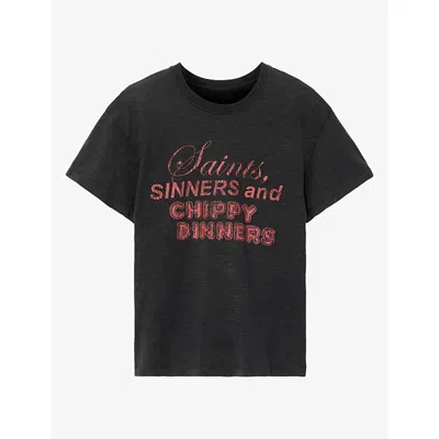 Allsaints Womens Addi Chippy Slogan-print Cotton-jersey T-shirt Washed Black