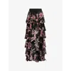 Allsaints Womens Adena Black Cavarly Floral-print Ruffled Woven Maxi Skirt
