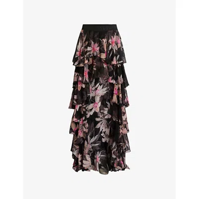 Allsaints Womens Adena Black Cavarly Floral-print Ruffled Woven Maxi Skirt