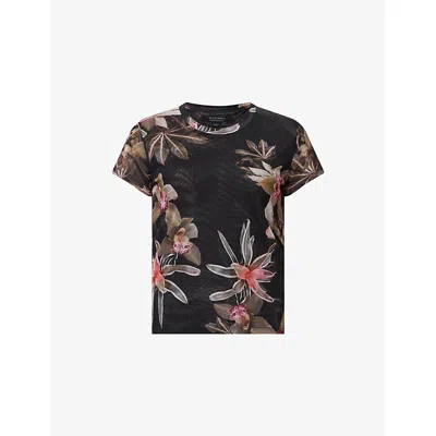 Allsaints Womens Adena Black Ellie Floral-print Stretch-woven Mesh T-shirt