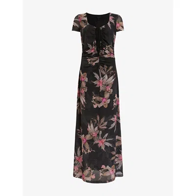 Allsaints Womens Adena Black Gabby Graphic-print Mesh-woven Maxi Dress