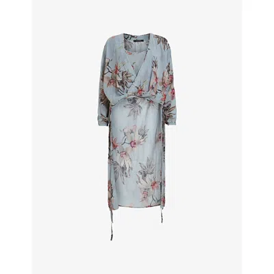 Allsaints Womens Avala Floral-print Wrap-front Woven Top Adena Dusty Bl