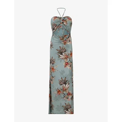 Allsaints Womens Celia Floral-print Sleeveless Stretch-woven Bodycon Maxi Dress Adena Dusty Bl