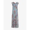 Allsaints Womens Flora Cowl-neck Floral-print Silk-blend Maxi Dress Adena Dusty Bl In Blue