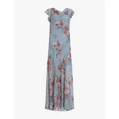 Allsaints Womens Flora Cowl-neck Floral-print Silk-blend Maxi Dress Adena Dusty Bl In Blue