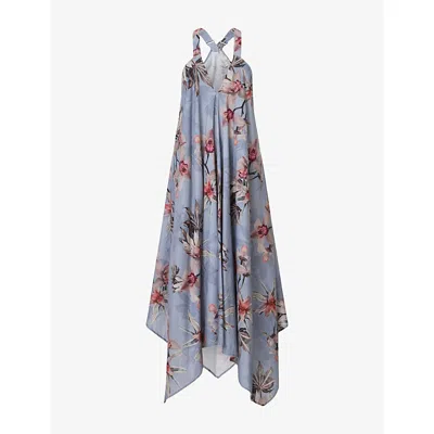 Allsaints Womens Lil Floral-print Asymmetric-hem Cotton Midi Dress Adena Dusty Bl In Blue