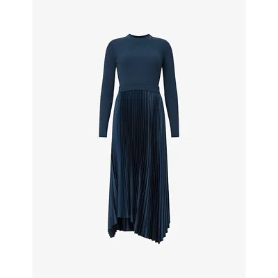 Allsaints Womens Airforce Blue Fay Pleated-skirt Recycled Polyester-blend Midi Dress