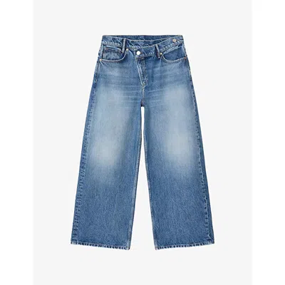 Allsaints Womens Vintage Indigo Aki Cross-over Wide-leg Jeans In Blue