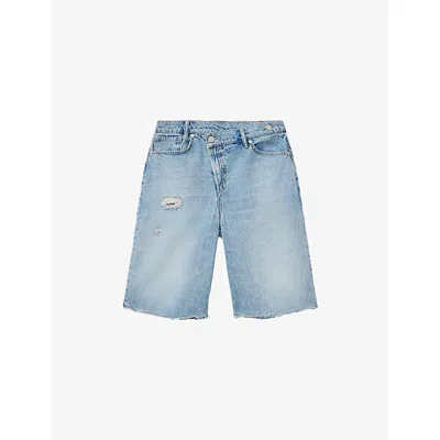 Allsaints Womens Destroy Light Aki Frayed-hem Cross-over Denim Shorts In Black