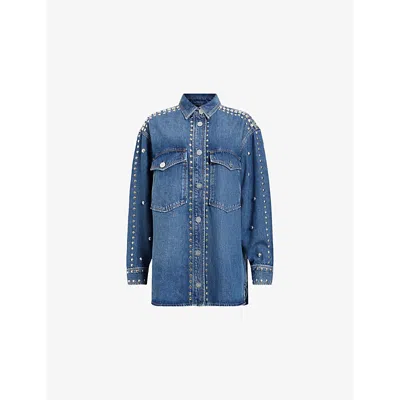 Allsaints Womens Mid Indigo Alba Stud-embellished Denim Shirt