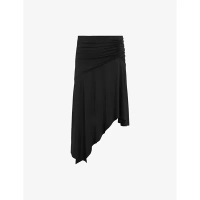 Allsaints Womens Black Annalie Asymmetric-hem Stretch-jersey Midi Skirt