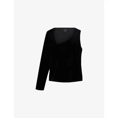ALLSAINTS WOMENS BLACK ARI ASYMMETRIC-NECK ONE-SLEEVE STRETCH-VELVET TOP