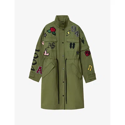 Allsaints Womens  Ariaa Patch-detail Cotton Parka Jacket In Green