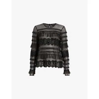 ALLSAINTS WOMENS BLACK ARLEA LACE-TRIM LONG-SLEEVE WOVEN TOP