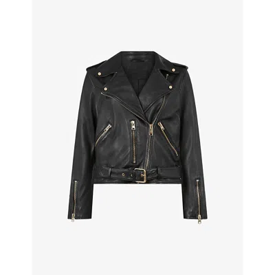 ALLSAINTS WOMENS BLACK/GOLD BALFERN BUCKLE-EMBELLISHED CROPPED LEATHER JACKET