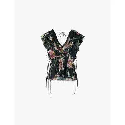 Allsaints Canto Floral Side Tie Tiered Ruffle Trim Top In Multi