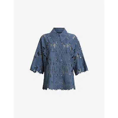 Allsaints Charli Relaxed Fit Embroidered Shirt In Dusty Blue