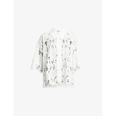 Allsaints Womens  Charli Floral-embroidered Woven Shirt In Snow White