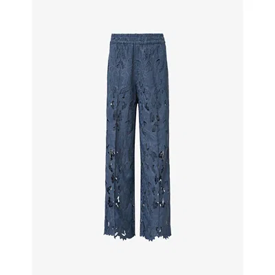 Allsaints Womens  Charli Floral-embroidered Woven Trousers In Dusty Blue