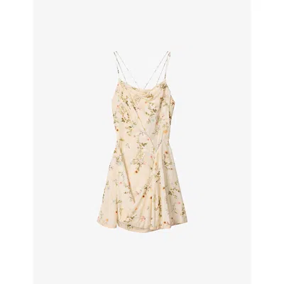 Allsaints Womens  Claire Floral-print Cotton-blend Mini Dress In Carmel Off Whi