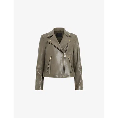 Allsaints Womens Dusty Olive Gr Dalby Regular-fit Cropped Leather Biker Jacket In Dusty Olive Gr