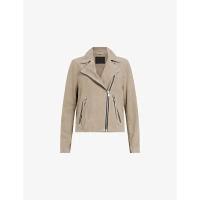 Allsaints Womens Greige Brown Dalby Regular-fit Cropped Suede Biker Jacket