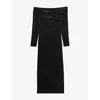 Allsaints Womens Delta Off-shoulder Long-sleeve Stretch-velvet Midi Dress Black In Black