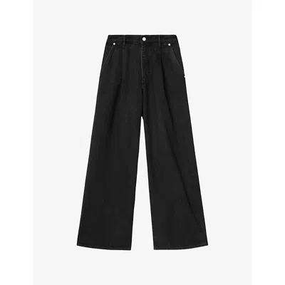 Allsaints Womens Washed Black Haze Pleat Wide-leg Denim-blend Jeans