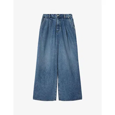 Allsaints Womens Mid Indigo Haze Pleat Wide-leg Denim-blend Jeans In Blue