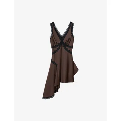 Allsaints Polyester Ilka Asymmetric Lace Mini Dress In Brown