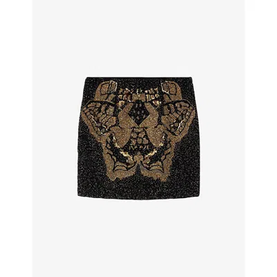 Allsaints Womens Black/gold Jamilia Butterfly-embellished Woven Mini Skirt