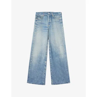 Allsaints Womens  Kai Denim-print Wide-leg Mid-rise Cotton Trousers In Blue