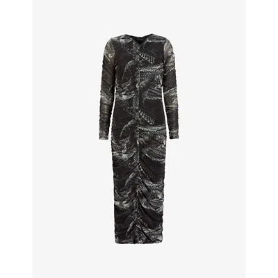 Allsaints Womens Evolve Slate G Keiko Abstract-pattern Stretch-mesh Midi Dress