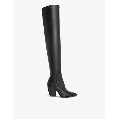 Allsaints Womens Black Lara Block-heel Stretch-leather Over-the-knee Boots
