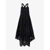 Allsaints Womens Lil Embroidered-trim Asymmetric-hem Cotton Maxi Dress Black