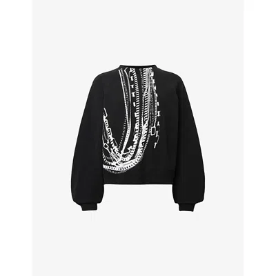 Allsaints Womens Black Metallo Dana Printed Zip Cotton-jersey Sweatshirt
